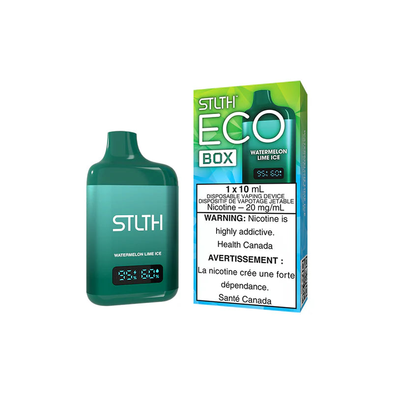 Explore the STLTH ECO BOX Disposable — 10 mL flavour capacity, rechargeable USB-C, battery & e-liquid levels, and adjustable airflow for your style.