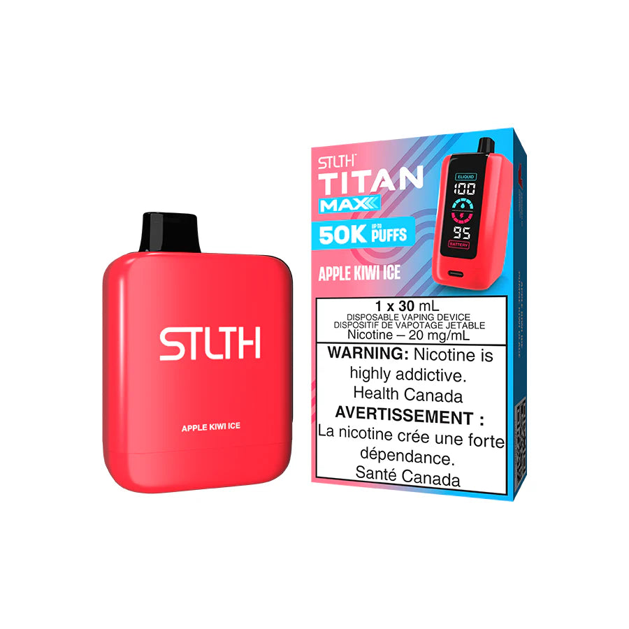STLTH Titan Max disposable vape Canada — 30 mL e‑liquid, up to 50,000 puffs, rechargeable USB‑C battery, mega LED screen and adjustable airflow