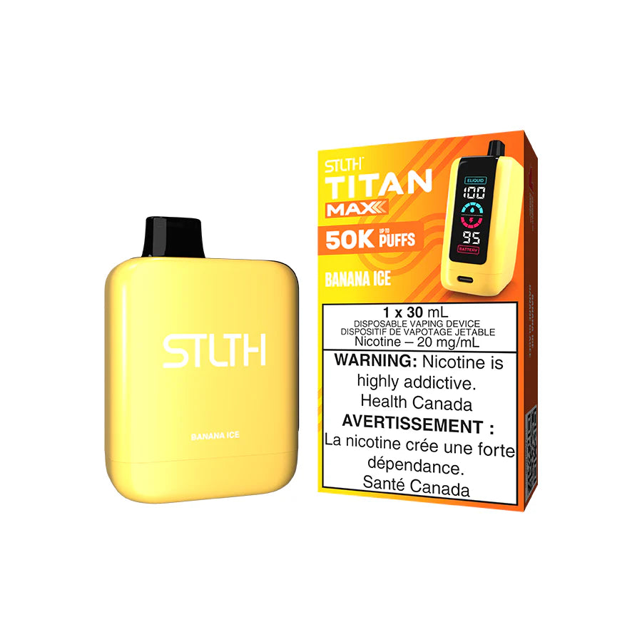 STLTH Titan Max disposable vape Canada — 30 mL e‑liquid, up to 50,000 puffs, rechargeable USB‑C battery, mega LED screen and adjustable airflow