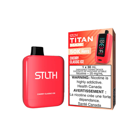 STLTH Titan Max disposable vape Canada — 30 mL e‑liquid, up to 50,000 puffs, rechargeable USB‑C battery, mega LED screen and adjustable airflow