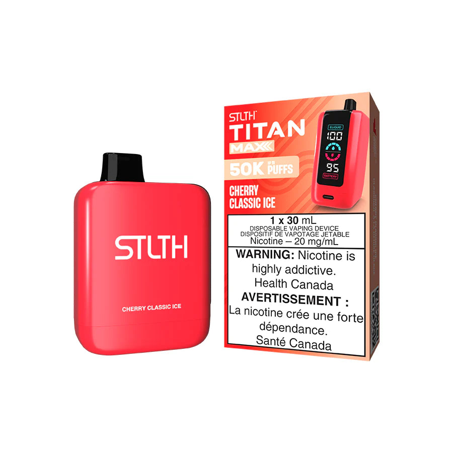 STLTH Titan Max disposable vape Canada — 30 mL e‑liquid, up to 50,000 puffs, rechargeable USB‑C battery, mega LED screen and adjustable airflow