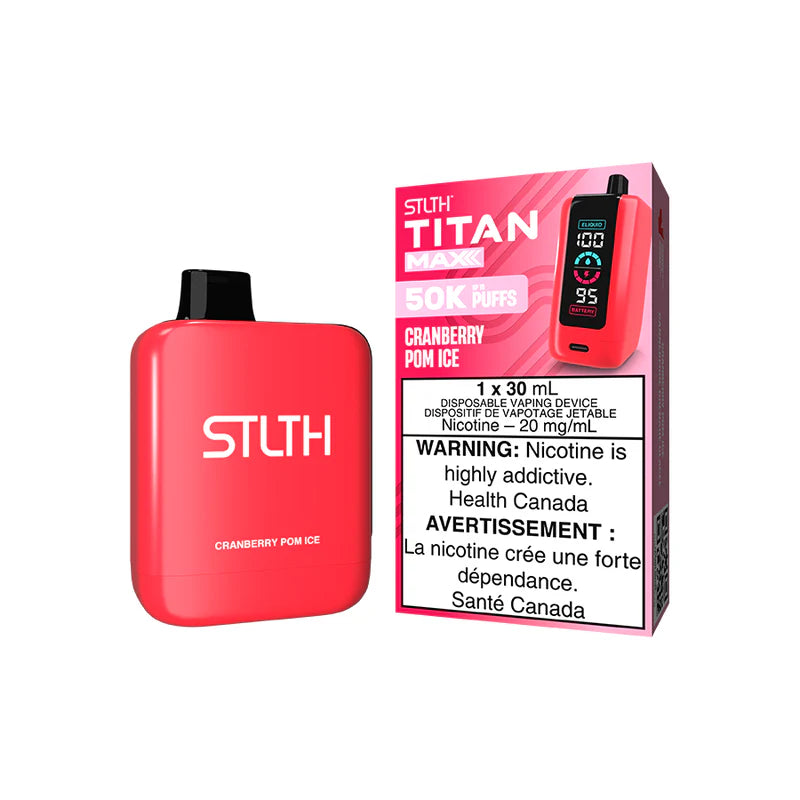 STLTH Titan Max disposable vape Canada — 30 mL e‑liquid, up to 50,000 puffs, rechargeable USB‑C battery, mega LED screen and adjustable airflow