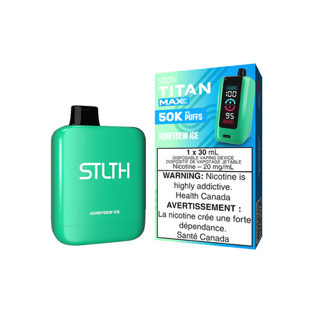 STLTH Titan Max disposable vape Canada — 30 mL e‑liquid, up to 50,000 puffs, rechargeable USB‑C battery, mega LED screen and adjustable airflow