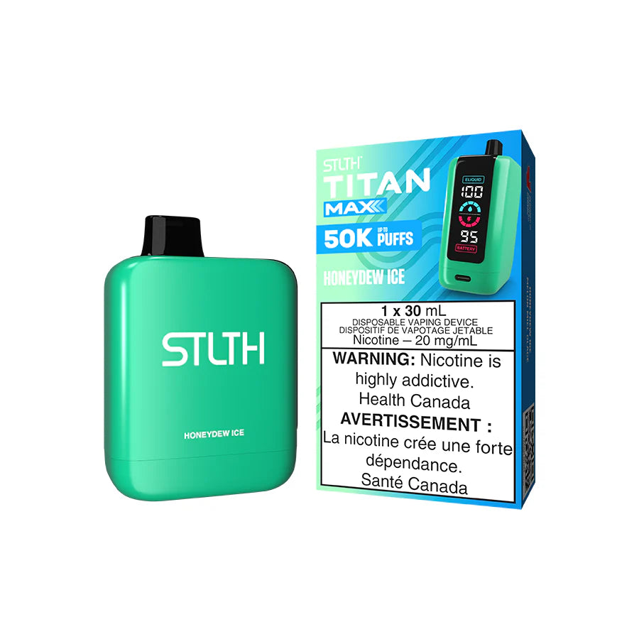 STLTH Titan Max disposable vape Canada — 30 mL e‑liquid, up to 50,000 puffs, rechargeable USB‑C battery, mega LED screen and adjustable airflow