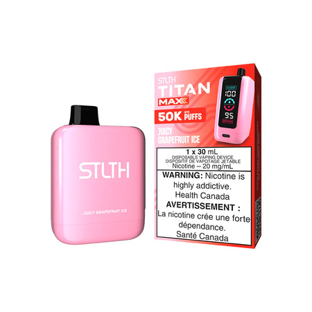 STLTH Titan Max disposable vape Canada — 30 mL e‑liquid, up to 50,000 puffs, rechargeable USB‑C battery, mega LED screen and adjustable airflow