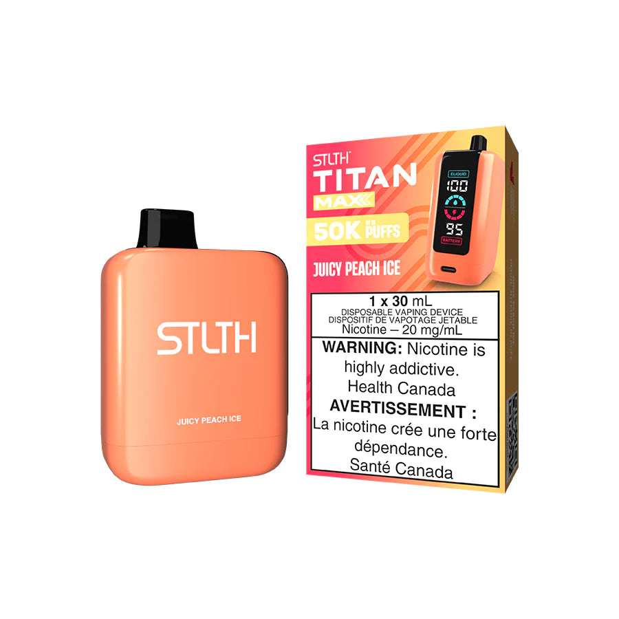 STLTH Titan Max disposable vape Canada — 30 mL e‑liquid, up to 50,000 puffs, rechargeable USB‑C battery, mega LED screen and adjustable airflow