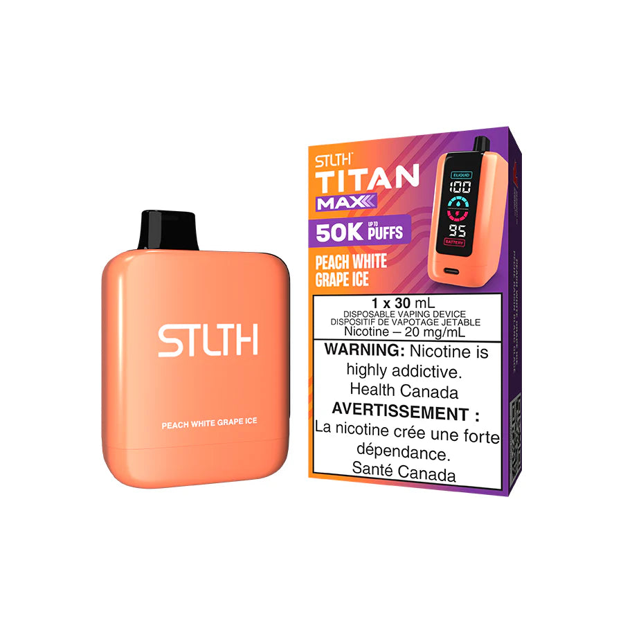 STLTH Titan Max disposable vape Canada — 30 mL e‑liquid, up to 50,000 puffs, rechargeable USB‑C battery, mega LED screen and adjustable airflow