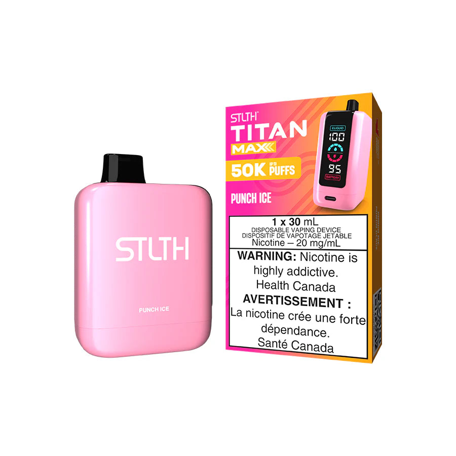 STLTH Titan Max disposable vape Canada — 30 mL e‑liquid, up to 50,000 puffs, rechargeable USB‑C battery, mega LED screen and adjustable airflow