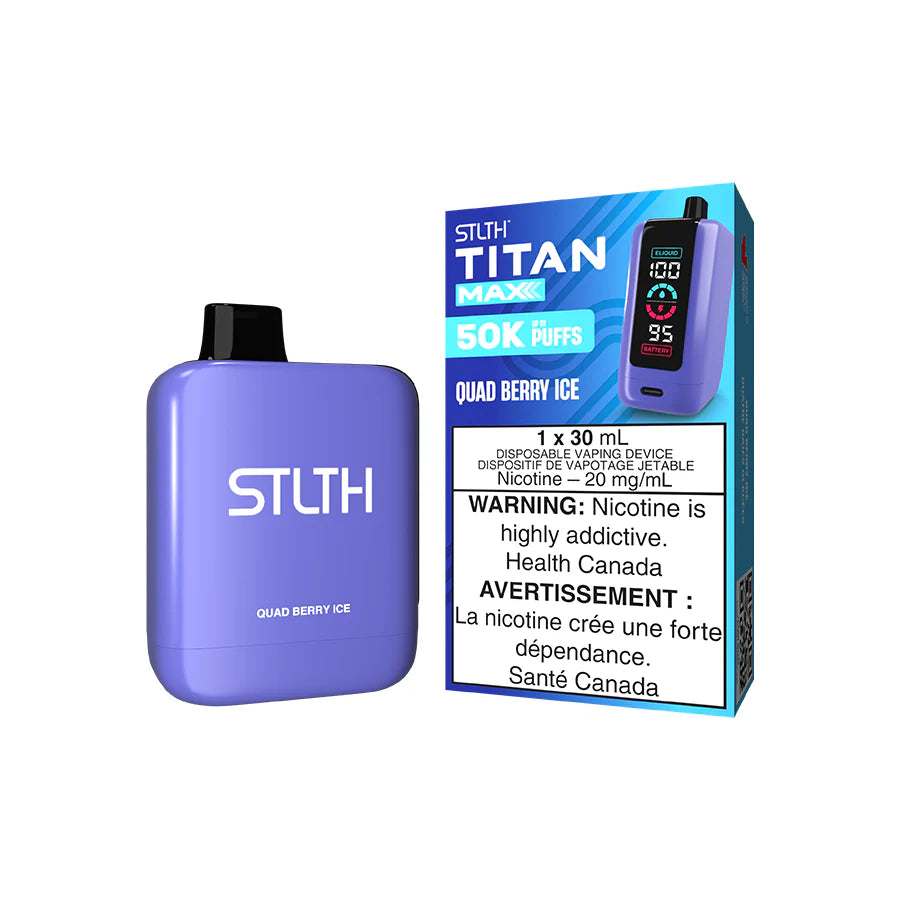 STLTH Titan Max disposable vape Canada — 30 mL e‑liquid, up to 50,000 puffs, rechargeable USB‑C battery, mega LED screen and adjustable airflow