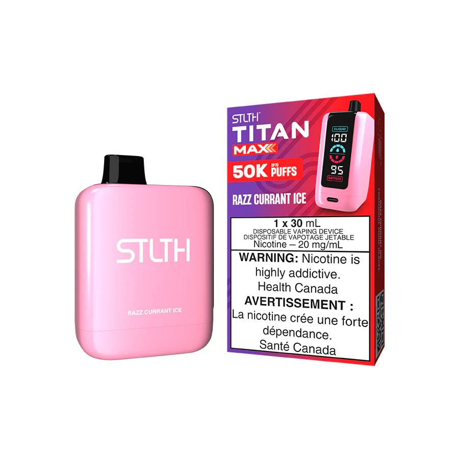 STLTH Titan Max disposable vape Canada — 30 mL e‑liquid, up to 50,000 puffs, rechargeable USB‑C battery, mega LED screen and adjustable airflow
