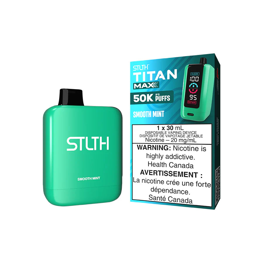 STLTH Titan Max disposable vape Canada — 30 mL e‑liquid, up to 50,000 puffs, rechargeable USB‑C battery, mega LED screen and adjustable airflow