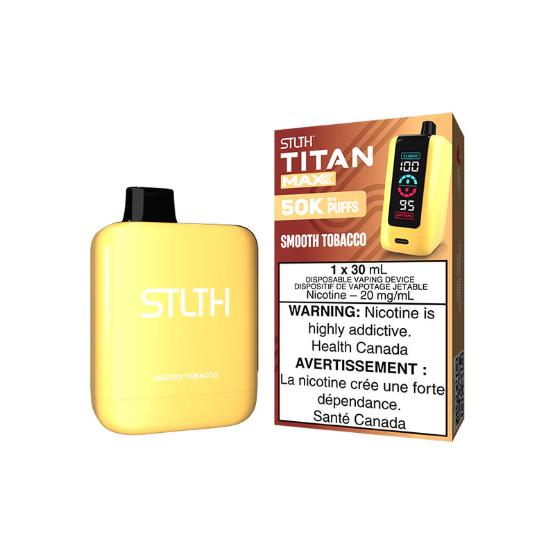 STLTH Titan Max disposable vape Canada — 30 mL e‑liquid, up to 50,000 puffs, rechargeable USB‑C battery, mega LED screen and adjustable airflow