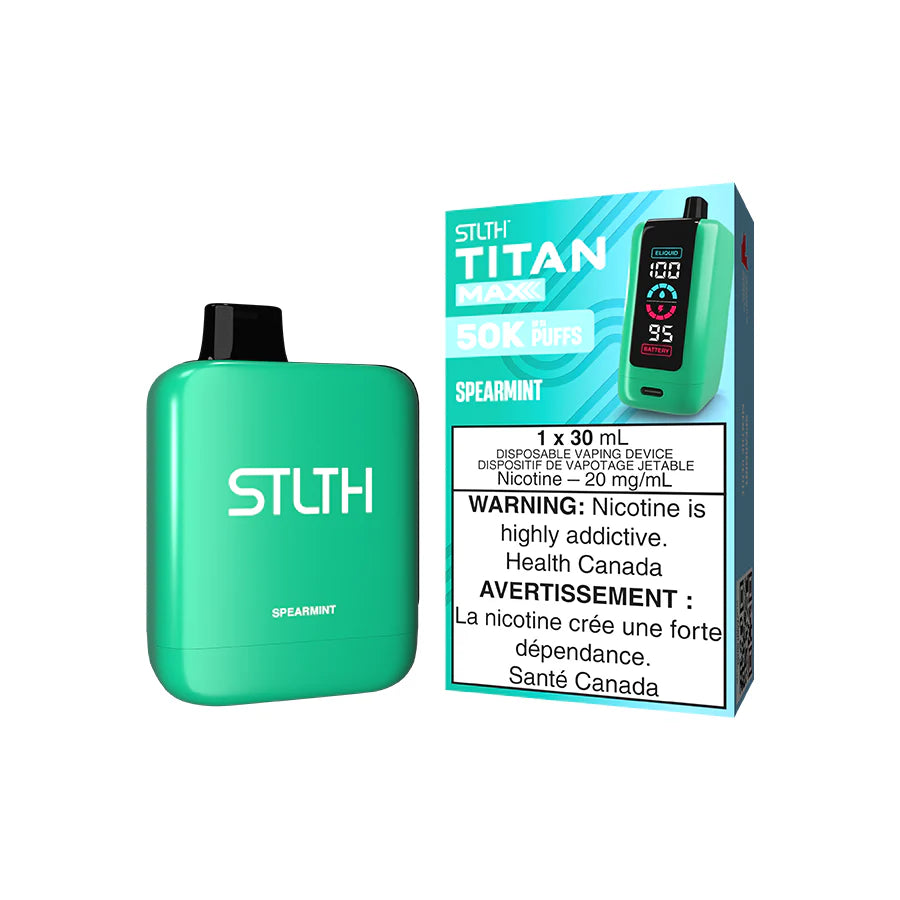 STLTH Titan Max disposable vape Canada — 30 mL e‑liquid, up to 50,000 puffs, rechargeable USB‑C battery, mega LED screen and adjustable airflow