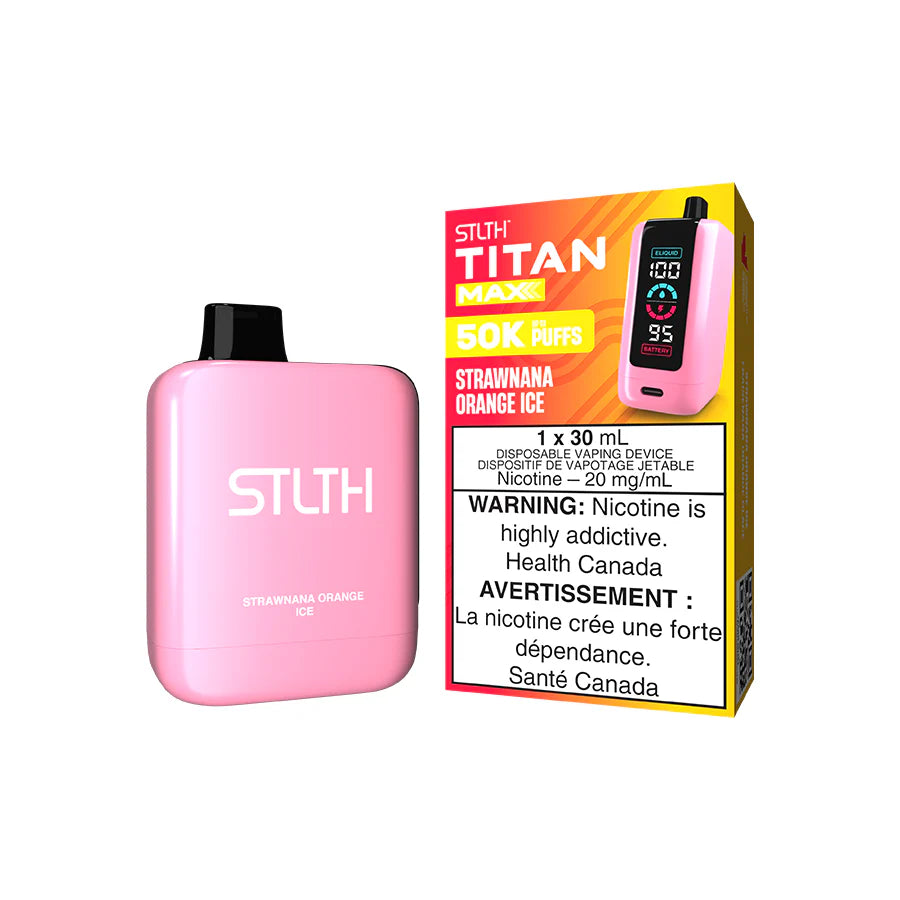 STLTH Titan Max disposable vape Canada — 30 mL e‑liquid, up to 50,000 puffs, rechargeable USB‑C battery, mega LED screen and adjustable airflow