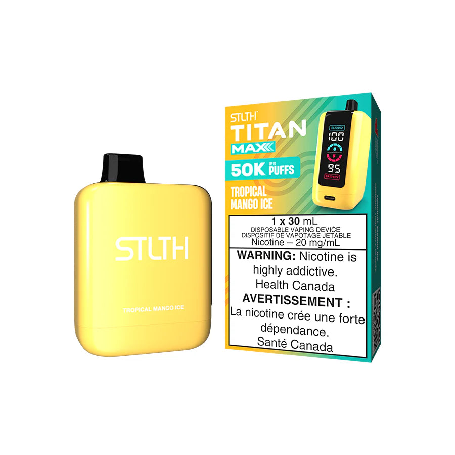 STLTH Titan Max disposable vape Canada — 30 mL e‑liquid, up to 50,000 puffs, rechargeable USB‑C battery, mega LED screen and adjustable airflow