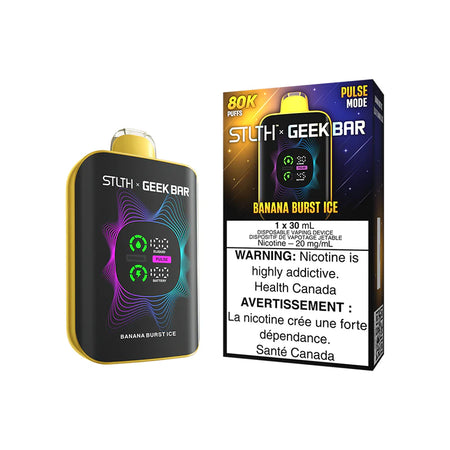 STLTH x Geekbar 80K - Banana Burst Ice device with vibrant design and warning label.