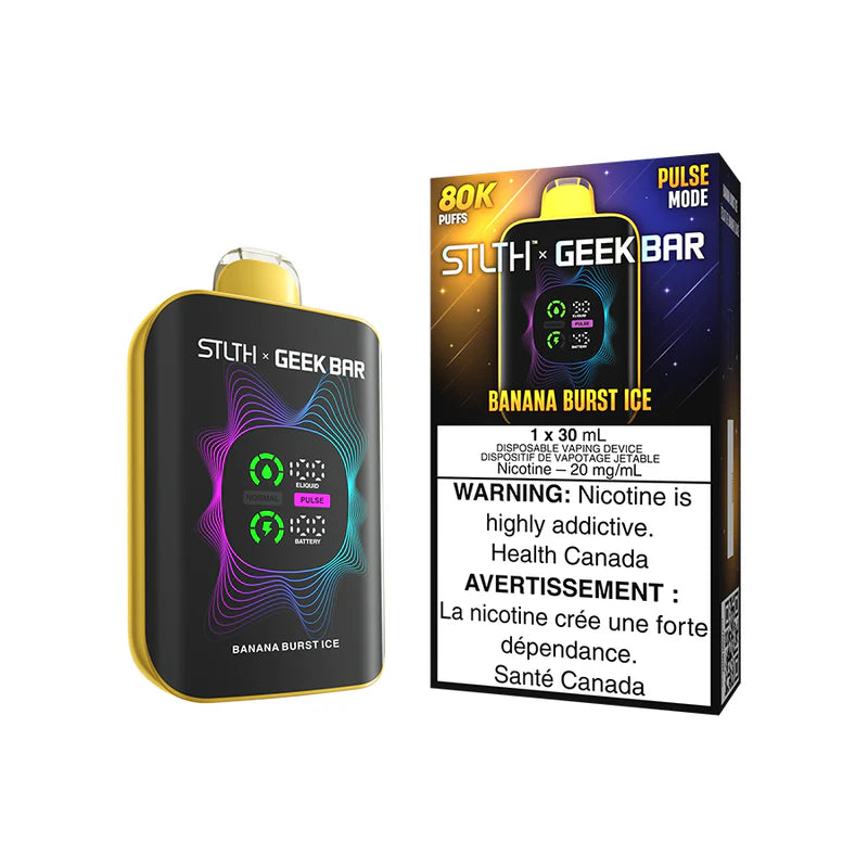 STLTH x Geekbar 80K - Banana Burst Ice device with vibrant design and warning label.