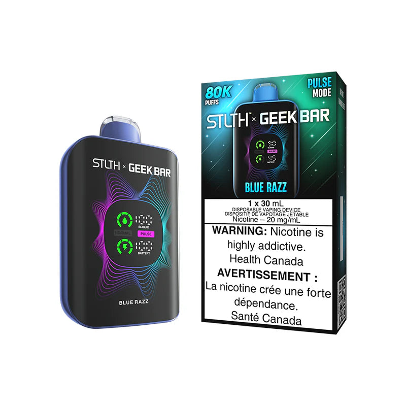 STLTH x Geekbar 80K - Blue Razz Ice device with vibrant design and warning label.