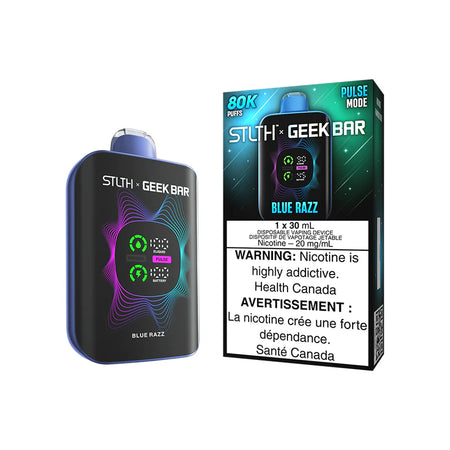STLTH x Geekbar 80K - Blue Razz Ice device with vibrant design and warning label.