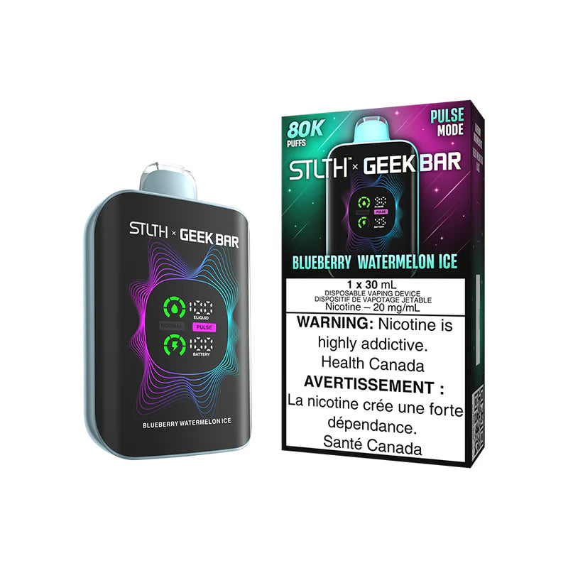 STLTH x Geekbar 80K - Blueberry Watermelon disposable vape with vibrant design and warning label.