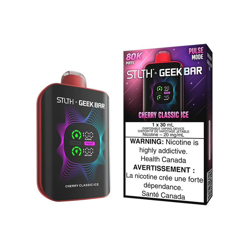 STLTH x Geekbar 80K Cherry Classic Ice vape device with packaging showing 80K puffs and nicotine warning.