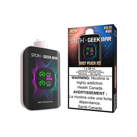 STLTH x Geekbar 80K - Juicy Peach Ice device with vibrant design and warning label.