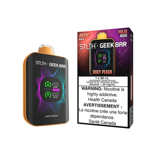 STLTH Geekbar Juicy Peach disposable vape device with 80K puffs and 30mL e-liquid capacity.