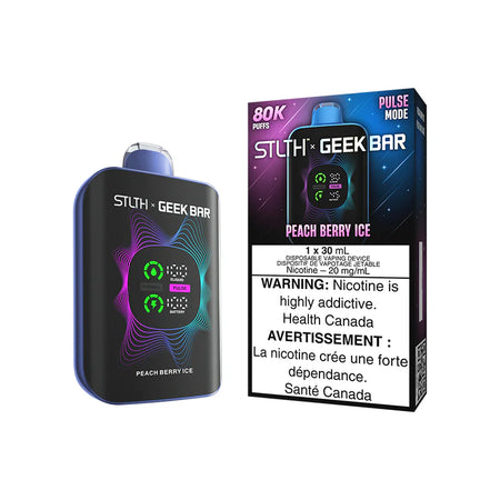 STLTH Geekbar Peach Berry Ice vape device with sleek design and vibrant packaging.