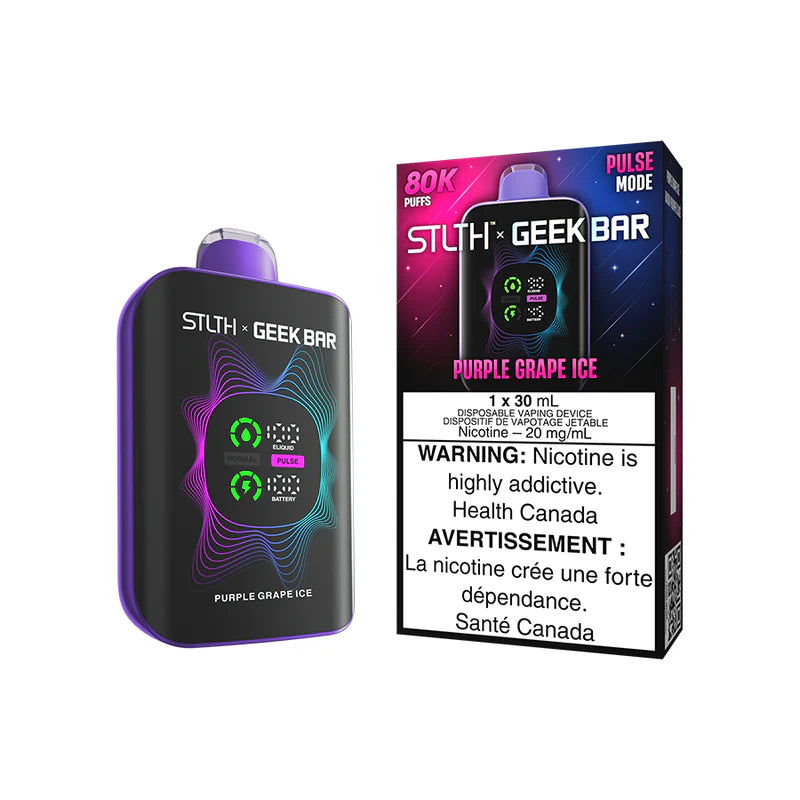 STLTH x Geekbar 80K - Purple Grape Ice device with vibrant design and warning label.