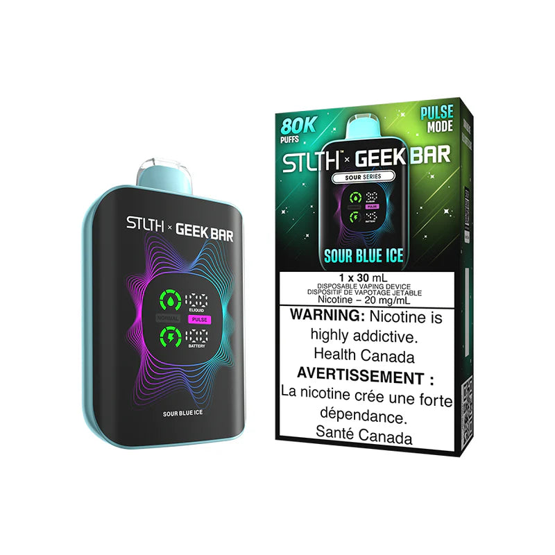 STLTH x Geekbar 80K - Sour Blue Ice device with vibrant design and warning label.