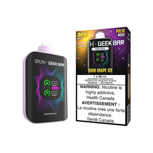 STLTH x Geekbar 80K - Sour Grape Ice device with vibrant design and warning label.