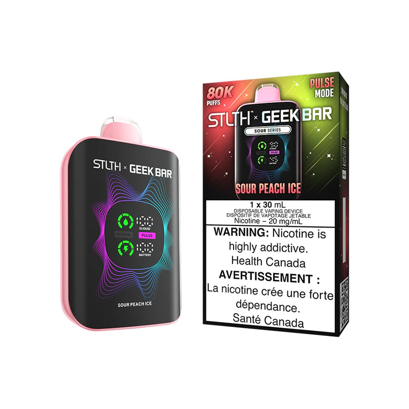 STLTH x Geekbar 80K - Sour Peach Ice device with vibrant design and warning label.
