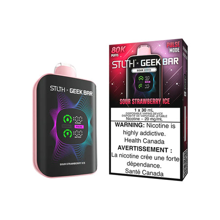 STLTH x Geekbar 80K - Sour Strawberry Ice device with vibrant design and warning label.