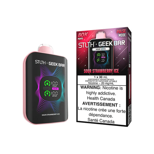 STLTH x Geekbar 80K - Sour Strawberry Ice device with vibrant design and warning label.