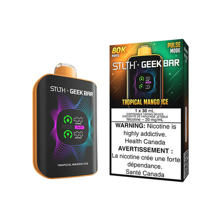 STLTH x Geekbar 80K - Tropical Mango  Ice device with vibrant design and warning label.