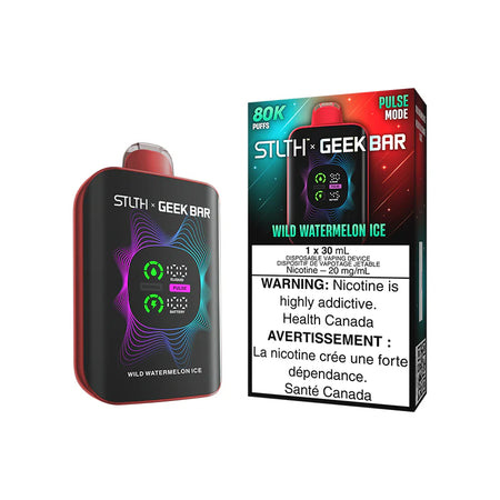 STLTH x Geekbar 80K - Wild Watermelon Ice device with vibrant design and warning label.