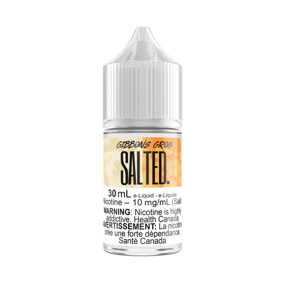 Gibbons Grog SALTED vape juice in a 30 mL bottle, featuring vanilla bean, pumpkin & spice flavors.