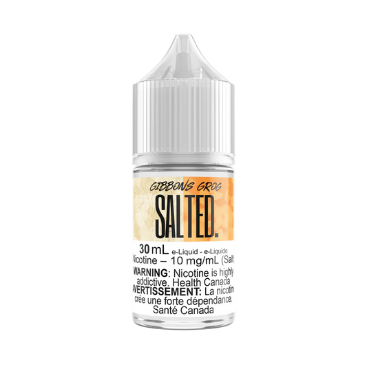 Gibbons Grog SALTED vape juice in a 30 mL bottle, featuring vanilla bean, pumpkin & spice flavors.