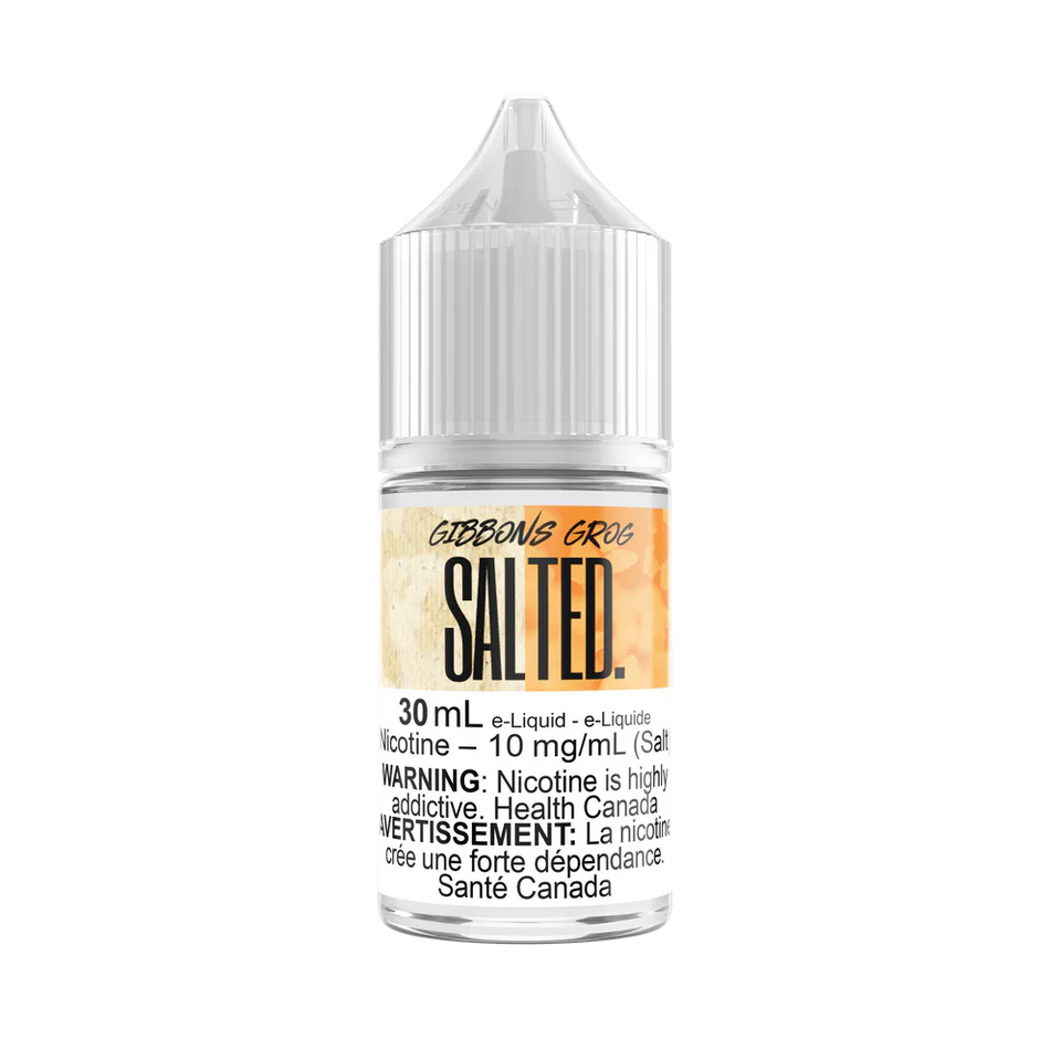 Gibbons Grog SALTED vape juice in a 30 mL bottle, featuring vanilla bean, pumpkin & spice flavors.