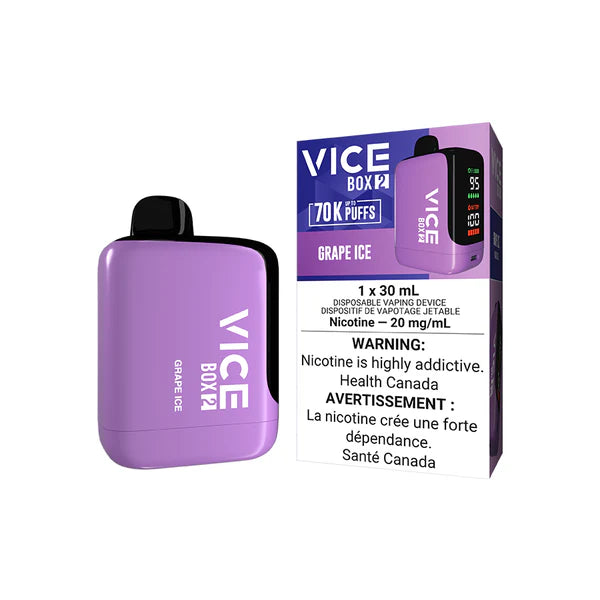VICE BOX 2 disposable vape Canada — 30 mL e‑liquid, up to 70,000 puffs, USB‑C rechargeable, LED screen, adjustable airflow