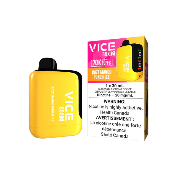VICE BOX 2 disposable vape Canada — 30 mL e‑liquid, up to 70,000 puffs, USB‑C rechargeable, LED screen, adjustable airflow