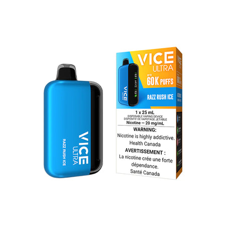 Vice Ultra Disposable - Razz Rush Ice vape device with packaging showcasing nicotine and flavor details.