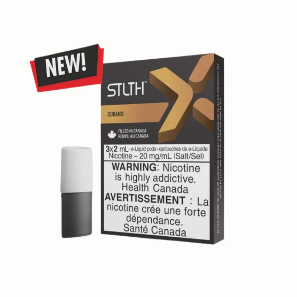 Packaging of STLTH X Cubano pods with a white pod beside the box. The box has health warnings about nicotine content and is labeled with the brand and product name.