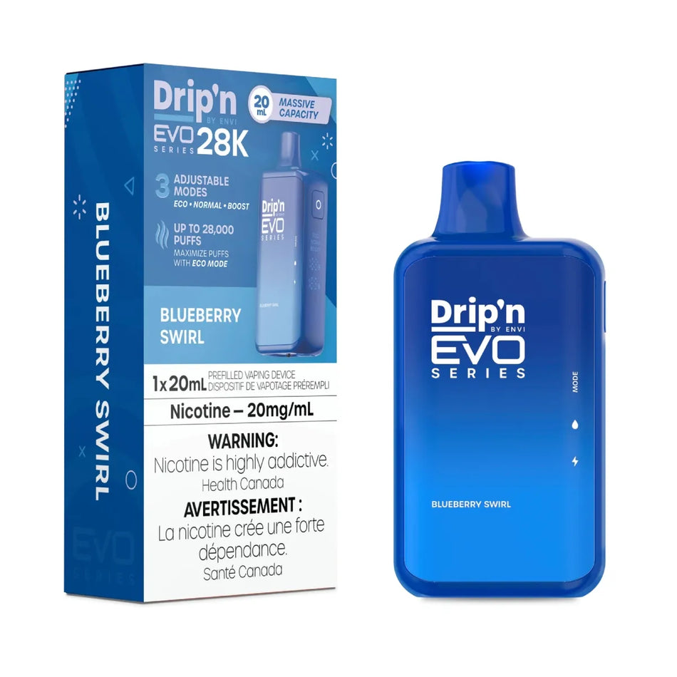 Drip'n 28K EVO disposable vape. Up to 28000 puffs per disposable, mesh coil for great flavour, adjustable airflow and three power modes