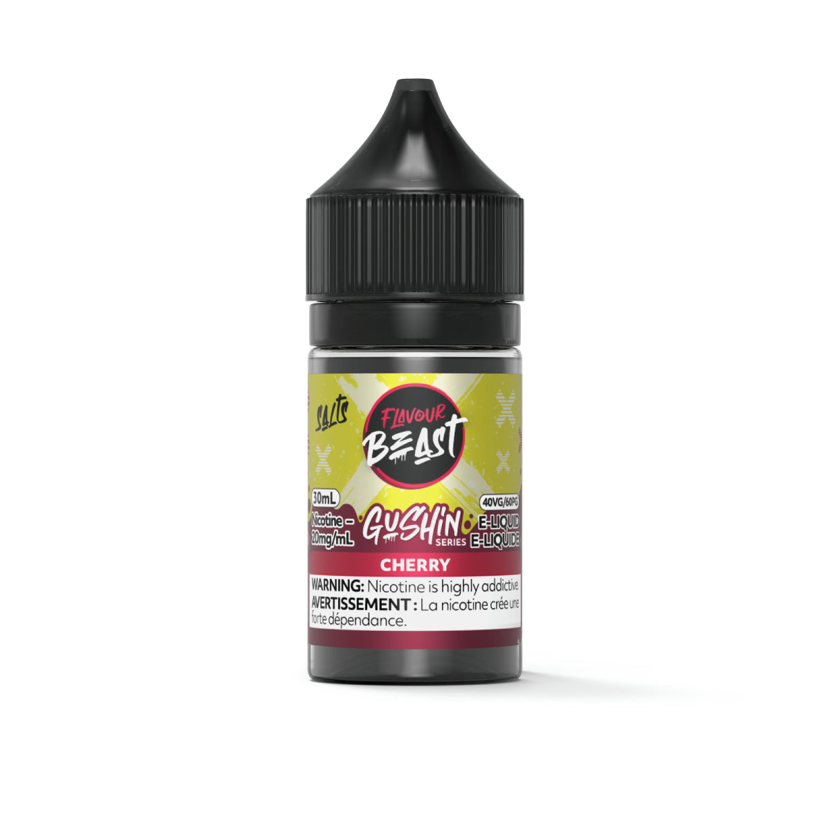 Flavour Beast Cherry Salts Gushin Series 30mL salt nicotine e-liquid bottle and box