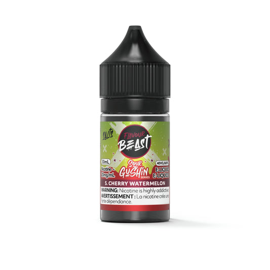 Flavour Beast Sour Cherry Watermelon Salts Gushin Series 30mL salt nicotine e-liquid bottle and box