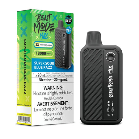 Flavour Beast Beast Mode Max Super Sour Blue Razz disposable vape — up to 18,000 puffs of tart blue raspberry flavor, with adjustable modes, LED screen, and sleek recharge design.