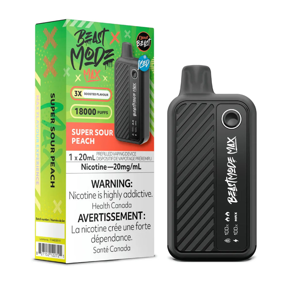 Flavour Beast Beast Mode Max 18K Super Sour Peach disposable vape, 20mg nicotine, with LED display and adjustable modes.