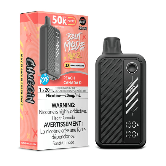 Flavour Beast Beast Mode Max 2 Peach Canada D disposable vape delivering juicy peach with a crisp Canadian twist, up to 50,000 puffs, sleek high-performance design.