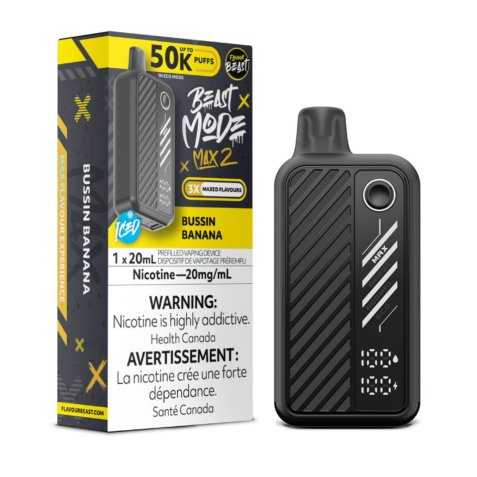 Flavour Beast Beast Mode Max 2 Bussin’ Banana disposable vape offering bold banana flavor, smooth vapor, and sleek high-performance design.